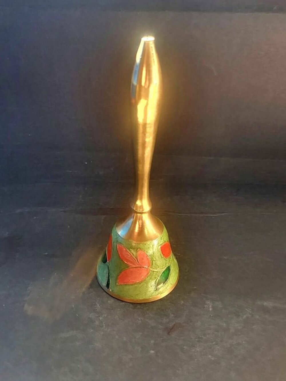 Vintage Brass And Enameled Hand-Painted Floral Design Hand Bell